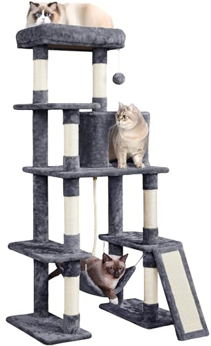 Yaheetech 159 cm Large Cat Tree with 7 Sisal Scratching Posts, Dark Grey | Cat Tower for Indoor Cats, Multi-Level, Condo, Hammock, Top Perch, Dual Base, Cat Furniture, FSC-certified