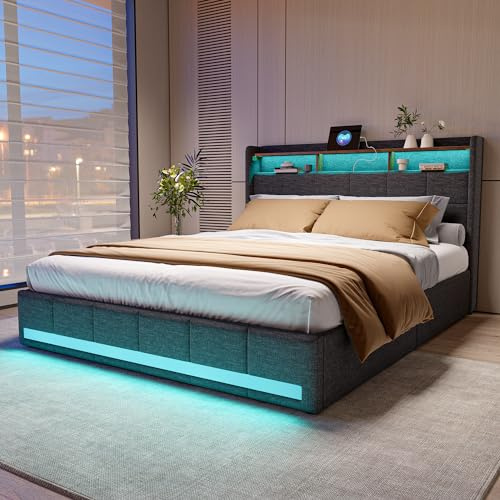 KSFASHZ Letto Cassettone 160x200 con 4 Cassetti, Letto Matrimoniale 160x200 con LED e USB, Letti Matrimoniali Imbottiti con TestieraLetto Imbottito Matrimoniale conContenitore, Nessun Materasso