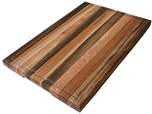 TESLYAR Planche à découper en bois massif de taille moyenne pour cuisine avec poignées latérales et rainure à jus intégrée, 40 x 24,9 cm, planche à découper en noyer, cerisier, frêne et chêne rouge