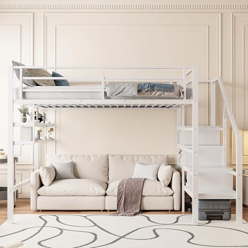 Hochbett 140x200, Kinderbett mit Treppe, Einlegeböden und Aufbewahrungsschrank, Etagenbett Metallbett mit Lattenrost, Funktionsbett Stockbett Spielbett Kinderhochbett Jugendbett, Weiß, Ohne Matratze