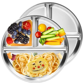 Sprigold Lot de 2 assiettes rondes divisées en acier inoxydable 304 de 23 cm, idéales pour les enfants, les adultes, plateau à déjeuner, plateau de nourriture de camping, passe au lave-vaisselle (2)