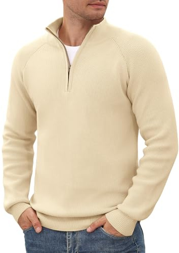 Voqeen Herrtröja, halv dragkedja, långärmad vinterstickad tröja med dragkedja, polotröja, solid, varm, arbetströja, tröja för män, Beige, L
