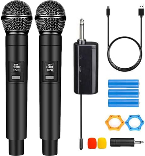 Wireless Microphone for Singing Portable Rechargeable Dual Handheld Cordless Metal Singing Microphone for 2 People for Speech, Church, Party, Home KTV, DJ,Wedding