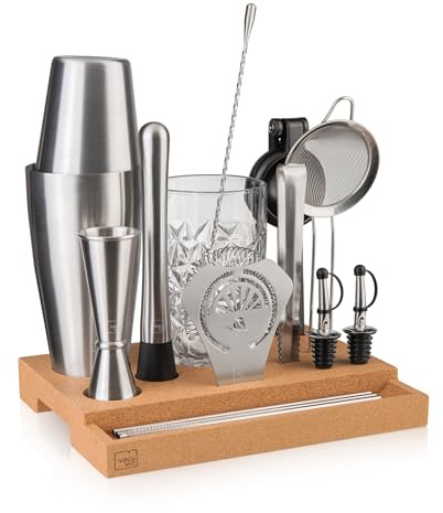 Vacu Vin Ensemble à cocktail – Kit de barman Master 16 pièces – Bar dans une boîte avec shaker, couteau, doseur et outils – Ensemble de bar compact pour la maison – Passe au lave-vaisselle