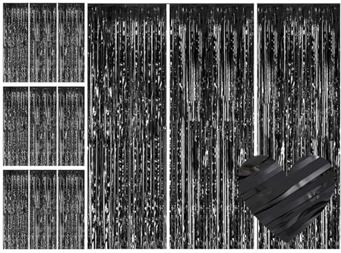 Lametta Vorhang Schwarz, Glitzervorhang Lametta, 12 PC 2.5M x 1M Lamettavorhang, Geburtstagsdeko, Glitzer Vorhang, Tinsel Curtain, Fransenvorhang fur Party Deko Geburtstagsdeko Festivals Bühnendekor