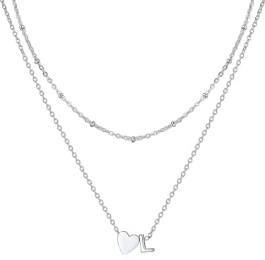 U7 Colgante Inicial Corazón Letra A-Z Collar Mujer Acero Inoxidable de Doble Capa, Cadena Plateado/Dorado 36 y 41 cm + 5 cm Regalos para Mujer Niña Compleaños Aniversario Fiesta
