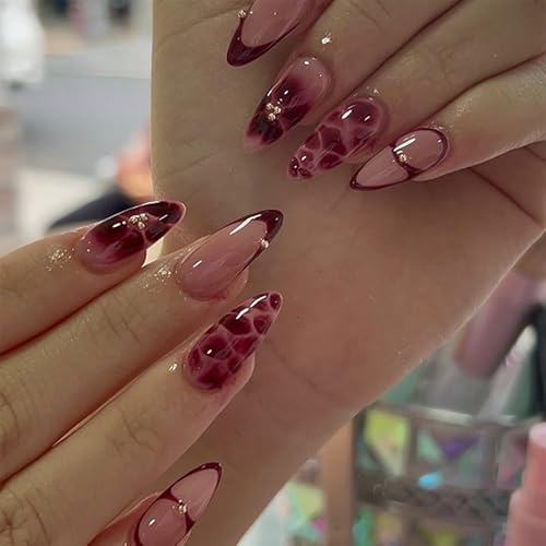 Nymora 24 Stück Press on Nails Mittel Almond Französische Spitze Falsche Nägel Mit Design Rote Blumen Muster Press on Nägel + Zubehör Kit