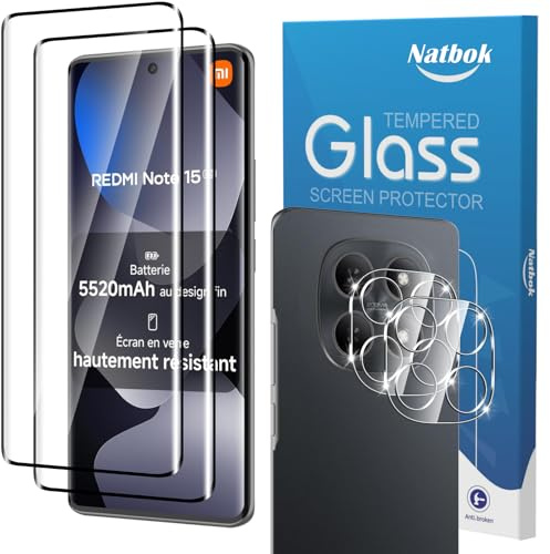 Natbok 2+2 Piezas 3D Protector de Pantalla para Xiaomi Redmi Note 15 4G/5G con Protección de Cámara, Cristal Templado Dureza 9H Antihuellas Sin Burbujas Ultra Transparente Vidrio Templado