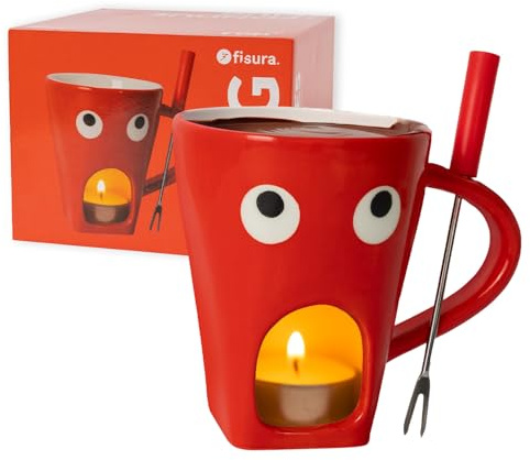 Fisura – Tazza fonduta originale per cioccolato. Fonduta di formaggio con tazza e forchettina. Mug rossa con stampa occhi per fonduta. Regalo originale. Capacità 140 ml.