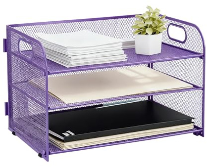 Organiseur de papier à 3 niveaux avec poignée, organiseur de bureau en maille, bac à courrier pour format A4, pour bureau, maison, rangement de documents A4 (violet)