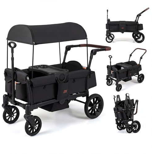 INFANS Wagon Stroller for 2 Kids, Foldable Wagon Cart with Adjustable Handle Pull Bar, Removable Canopy, Footwell, Snack Tray, Harnesses for Infants Toddlers 6-36 Months (Black)