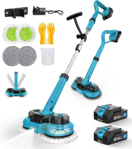 Yospinber Cordless Electric Mop with 2 x 2000mAh Batteries, Dual Spin Floor Cleaning Mop with LED Light & Water Spray, Handheld Polisher Scrubber Lightweight Floor Polisher for Hardwood Tile