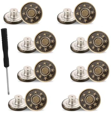 Molain 8 Pcs Jean Button Replacement Kit, 17mm No-Sew Metal Buttons for Clothes, Adjustable Pants Button Tightener with Screwdriver(17mm)
