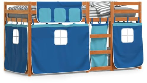 XHNIFBN Etagenbett 90x200 Kiefernholz mit Vorhängen Blau Rausfallschutz Leiter aus Massivholz Spielbett für Kinder ab 6 Jahren