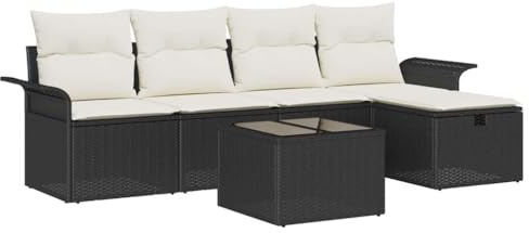VIHHQGC Gartensofa-Set 6-teilig schwarz Creme Poly-Rattan mit Kissen und Stahlrahmen, modernes Gartensofa mit Kissen als Poly-Rattan Sofa-Set mit höhenverstellbarem Tisch