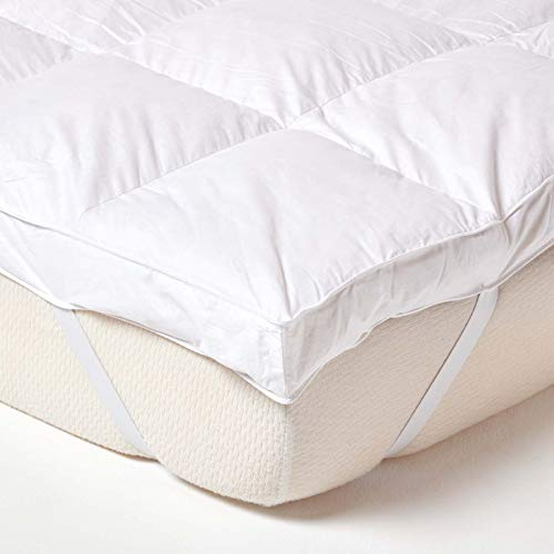 HOMESCAPES Goose Feather Mattress Topper Double Bed, 7cm Thick Extra Deep, Breathable, 100% Cotton Cover, Hypoallergenic, Quilted, Elasticated Straps, Hotel Quality, Ethical Luxury, Washable