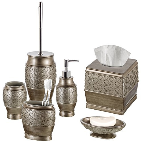 Creative Scents Dublin Badezimmer-Zubehör-Set, 6-teilig, inklusive Seifenspender, Seifenschale, Becher, Zahnbürstenhalter, Taschentuchbox-Abdeckung, WC-Bürste (Silber gebürstet)