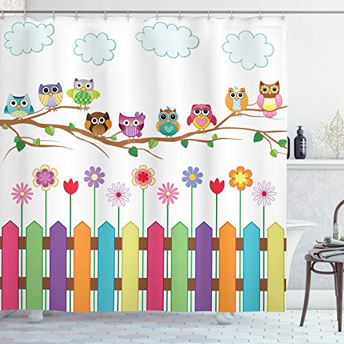 ABAKUHAUS Eulen Duschvorhang, Vogel auf Zweig Sunny Day, Stoffliches Gewebe Badezimmerdekorationsset mit Haken, 175 x 180 cm, Rosa Orange