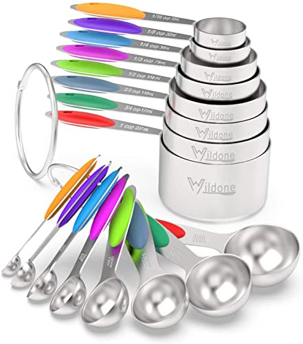 Measuring Cups & Spoons Set of 16 - Wildone Premium Stainless Steel Measuring Cups and Measuring Spoons with Colored Silicone Handle, including 8 Nesting Cups, 8 Spoons, for Dry and Liquid Ingredient