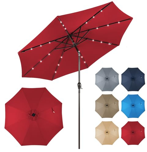 COSTWAY Parasol de Jardin Extérieur Ø 300 CM, Inclinable Lumineux Solaire avec 24 LED, Droit avec Manivelle et 8 Baleines Métalliques Robustes, pour Balcon Jardin Terrasse(Vin Rouge)