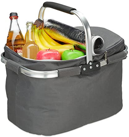 Relaxdays Einkaufskorb mit Kühlfunktion, faltbar, Deckel, Henkel, 27 Liter, Thermo Tragekorb, Polyester, Aluminium, grau