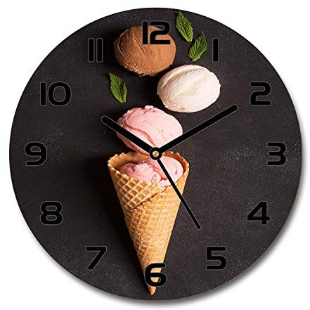 Tulup Glasuhr ⌀ 30cm - Schwarze Zeigern - Wanduhr Wandkunst Bild Gehärtetem Glas Uhr Echtglas Küche Wohnzimmer - EIS in Einer Waffel