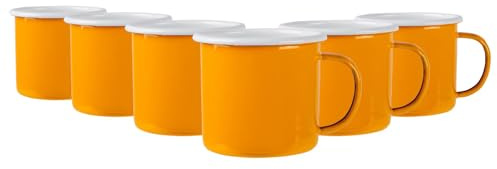 Argon Tableware Enamel Mugs - 375ml - Yellow - Set of 6 Metal Drinking Cups Coffee Teacup Mug Set Hot, Cold Drinks Cups for Home, Kitchen, Dining, Travel, Camping, Hiking & Outdoor Use