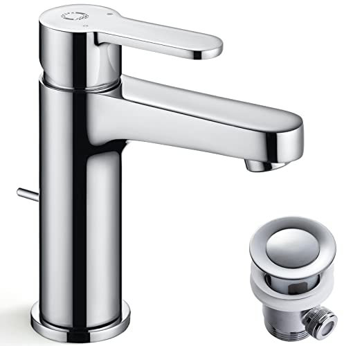 Wasserhahn Bad mit Zugstange - Ablaufgarnitur, Waschtischarmatur mit Auslaufhöhe 112mm, Wassersparende Badarmatur Hochdruck Einhand - Waschtischbatterie inkl. Zubehör