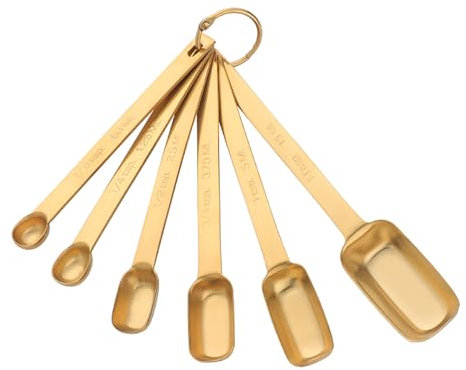 Measuring Spoons Set of 6, Stainless Steel Measuring Spoon with Accurate Measurement Markings and Removable Clasp, Teaspoon Measure Spoon for Dry and Liquid Ingredients (Gold, Square)
