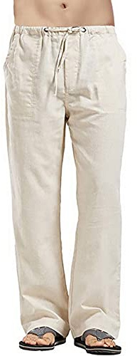 Men's Solid Linen Pants Relaxed Fit Yoga Straight Legs Trousers-Khaki-4XL