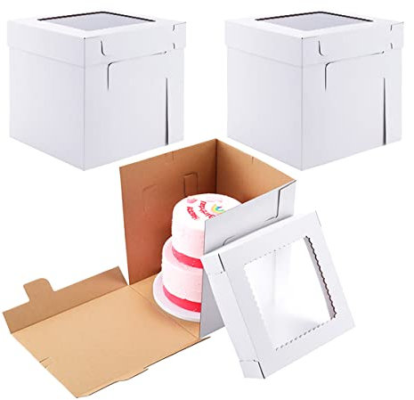 Huoshange Tall Cake Boxes for Tier Cakes,12x12x12 Inch [3 Pack ] Thick Sturdy Bakery Box with Window,White Wedding Cake Boxes,Layer Cake Carrier,Disposable Cake Containers