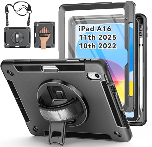 Miesherk Hülle für iPad A16 11./10.Generation 2025/2022 11/10.9 Schwarz | Militärische robuste stoßfest Case mit Displayschutzfolie, Stifthalter, 360° Drehbare Ständer/Handschlaufe, Schultergurt