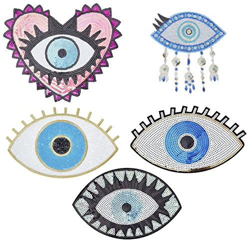 INFUNLY 5 Stück Augen-Applikations-Patch Zum Aufnähen, Bestickte Pailletten-Augenklappe Für DIY-Rucksäcke, Jacken, T-Shirts, Kleidung