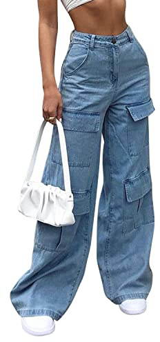 Runstarshow Baggy jeans för kvinnor, cargobyxor, Y2K, hög midja, denimbyxor, kvinnor, breda ben, jeans med fickor, vintage, avslappnat mode, streetwear, storlek 6-20 för damer, t-shirts, flickor, BLÅ, 32/34 SE