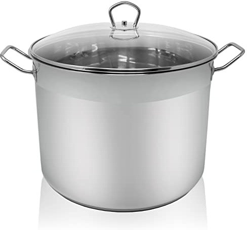 Krüger Edelstahl Maxitopf mit Glasdeckel Ø 33 cm (20 L) | PFAS-frei & unbeschichtet | Mit Glasdeckel, Kaltmetallgriffen & Kapselboden | Induktionsgeeignet | Für Suppen & Pasta