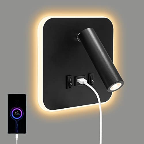 Applique da Parete da Lettura sul Comodino 3W + 9W 3000K, Lampada da Parete a LED con Porta di Ricarica USB e Interruttore, Faretto Regolabile per Camera da Letto Scale Salotti Hotel(quadrato 1 nero)