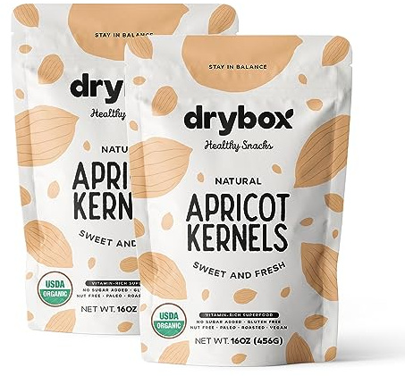 Drybox Sweet Apricot Kernels Seeds Raw Natural Organic NonGMO Vegan Source of Vitamin B17 and B15, Resealable Bag TWO 16 oz/ 1 lb bags, 2 Pack total 2 lbs for snacking baking cooking