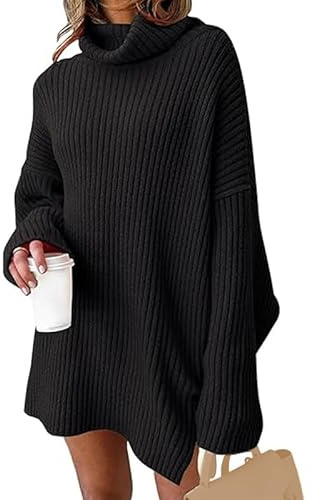 JFAN Robe Femme Hiver Knitted Dress à Col Roulé Grande Taille à Manches Longues Robe Pull Femme,Noir,Medium