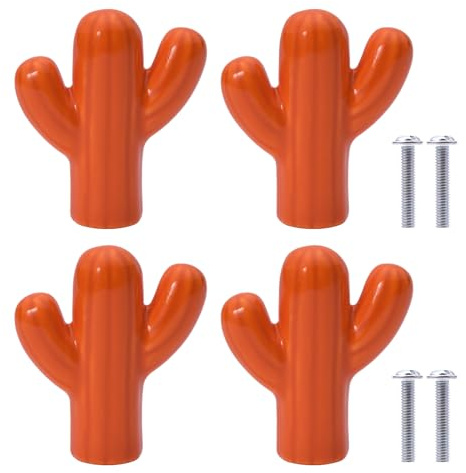 NAKUPENDA 4 Stück Keramik Türgriff Möbelknöpfe Kaktusform Schrank Schubknöpfe Knauf Griffe für Kinderzimmer Küchen Schränke Bücherregal (Orange)