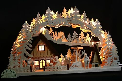 3D Schwibbogen Schauwerkstatt Traditionelles Handwerk mit drehender Pyramide, 72cm x 43cm - Handarbeit aus dem Erzgebirge