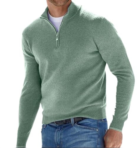 BAWUTZ Jersey básico de Cachemira con Cremallera para Hombre, Polo para Hombre, clásico, Jersey con Cuello en V para Hombre, Manga Larga, Tacto Suave, Cremallera de un Cuarto (L,Grün)