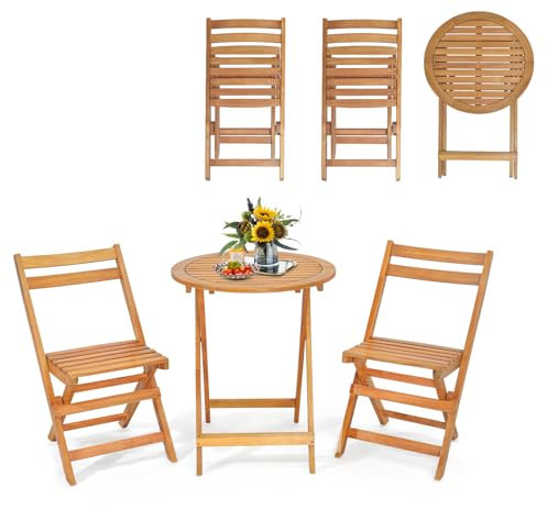 KOMFOTTEU Set da Bistrò Pieghevole, Set da 3 Pezzi in Legno di Acacia, Tavolo Portato 40 kg, Sedie Portato 160 kg, Set Terrazza, Set Tavolo e Sedie da Giardino, Set da Esterno per Balcone, Naturale