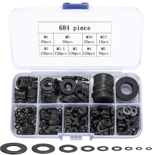684 Stück Unterlegscheiben Set, Beilagscheiben, Edelstahl Unterlegscheiben Türscharnier, Flache Unterlegscheiben Sicherungsscheiben Set, Metallscheiben M2 M2.5 M3 M4 M5 M6 M8 M10 M12 (684 schwarz)