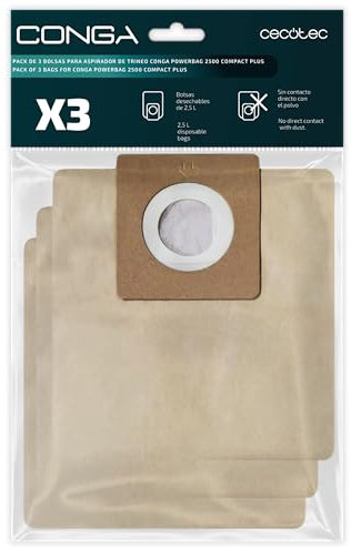 Cecotec Sacchetti per Aspirapolvere a Traino Conga PowerBag 2500 Compact Plus. Borse Igieniche, Include 3 sacchetti compatibili Conga Powerbag 2500 Compact Plus; Sacchetti per la polvere autosvuotanti