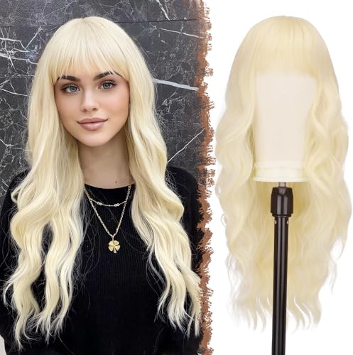 FESHFEN Lange Platinblonde Perücke mit Pony für Frauen Natürliche Synthetik Gewellt Wellig Haare Hitzebeständig Damen Perücken für Tägliche Party Cosplay Karneval, 65 CM with Bangs