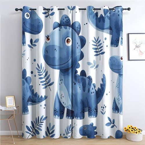 zcwl Blauer Dinosaurier Vorhänge, Cartoon-Tier Verdunklungsvorhänge mit Ösen, Vorhang Blickdicht für Wohnzimmer Schlafzimmer Dekoration, Gardinen mit Muster, 2er Set, 160 x 132 cm (HöhexBreite)
