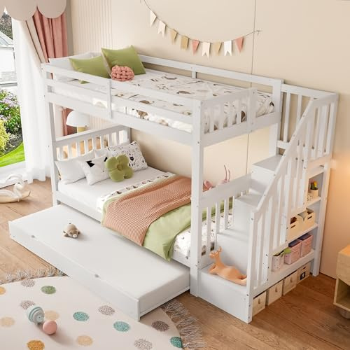 KecDuey Litera de 90 x 200 cm, cama infantil con estante para escaleras, equipada con cama plegable extensible de 90 x 190 cm, somier, cama infantil con barandilla alta
