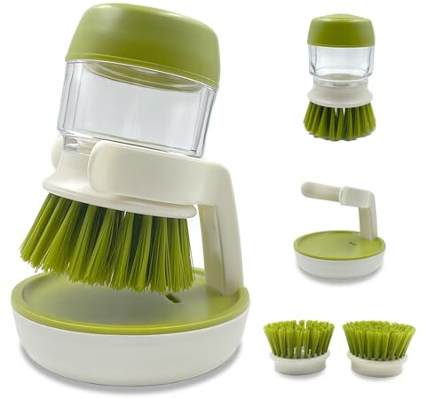 UGWkivd Soap Dispenser Dish Brush Palm Brush Scrub Brush Equipped with Storage Bracket and Drainage Base,Easy to Clean Kitchen Utensils and Sink, Includes a Replaceable Brush（Green）