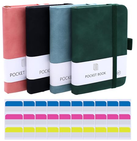 Aimeke 4 Pezzi Taccuino Tascabile Taccuino A7 Quaderno Appunti Piccolo Mini Diario 200 Pagine Taccuino in Pelle con Chiusura Elastico per Scolastiche, Ufficio