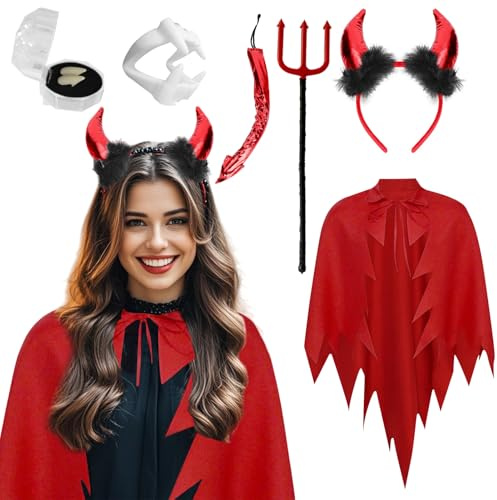 HarnyLoom Costume di Halloween per Donna Abiti da Ragazza Diavolo Rosso con Mantello Rosso Accessori Forcone Mantello di Angora Decorazione Cosplay per Adulti